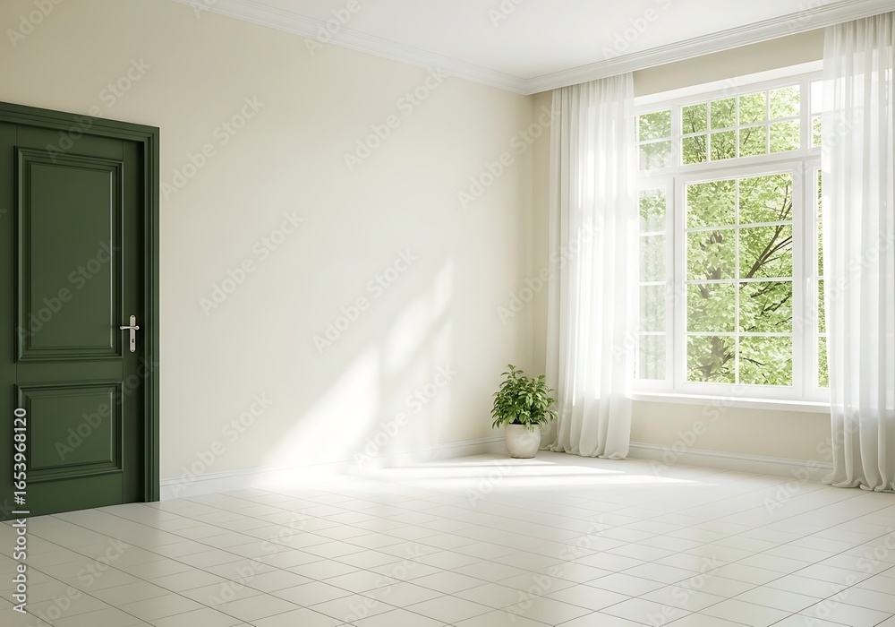 Fototapeta premium Sunlight streams through a large window into a bright empty room with a green door