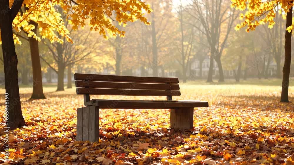 Autumn park benches amidst falling leaves in serene forest setting Autumn park benches amidst falling leaves in serene forest setting