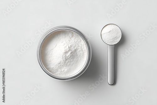 A close-up of a jar of creatine powder with a small scoop, placed on a sleek white background