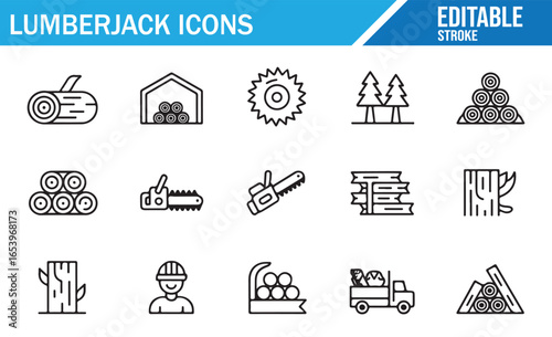 Set of Lumberjack Icons for Logging, Wood Processing, and Forest Work