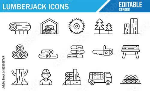 Lumberjack Icons Set Featuring Logging, Sawmill, Forest, and Wood Processing Activities