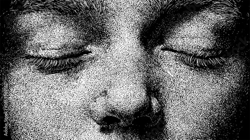 Close-up face with closed eyes, nose, and textured skin, in monochrome stipple style. Handdrawn vector illustration in black and white.