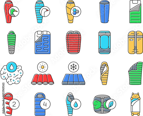sleeping bag camping hiking icons set vector