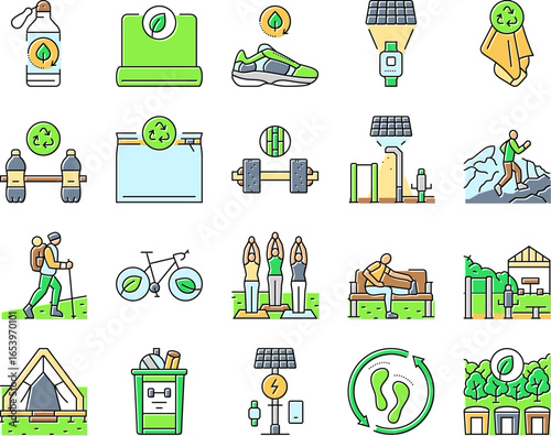 sustainable outdoor fitness eco icons set vector