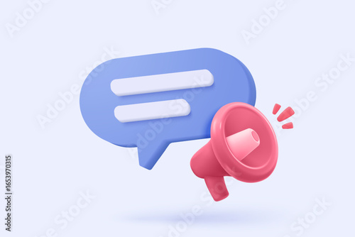 3d megaphone speaker or loudspeaker bullhorn for announce promotion in background, megaphone loud hailer with microphone, speakerphone 3d icon vector render illustration for alert and announcement