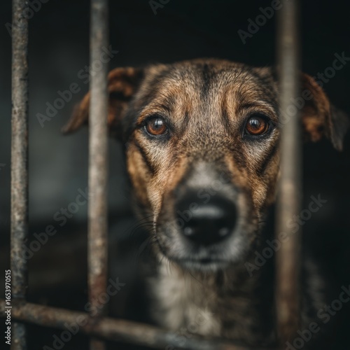 stray dog confined in a rusty cage at an animal shelter, looking sad and hungry, abandoned behind the old grid, waiting for shelter care and rescue aid	