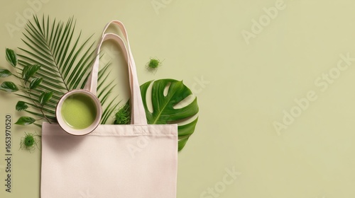 Beige Canvas Tote Bag with Matcha Tea Cup and Tropical Leaves – Minimal Eco-Friendly Flat Lay on Green Background with Copy Space