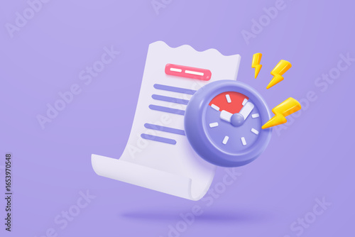 3D bill icon with clock alarm notice for promotion payment transaction. Business invoice order expenses idea for accounting in store concept. 3d receipt list icon vector render illustration