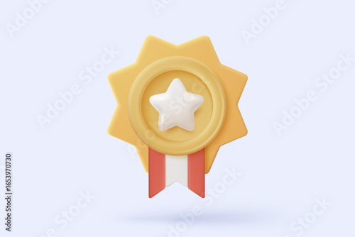 3d winner medal with star and ribbon on certificate. Quality guarantee of product champion award with cartoon minimal style. 3d winning rating icon vector rendering illustration