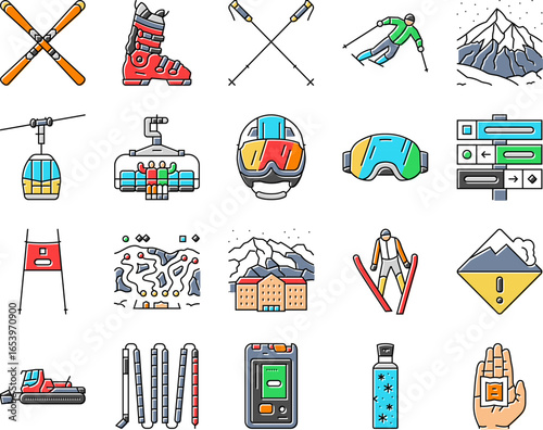 alpine skiing snow slalom icons set vector