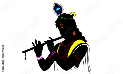 Lord Krishna playing Flute Silhouette - Black and White Art