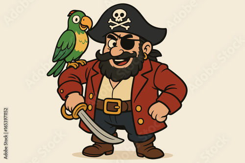 Cartoon Illustration of Pirate with Parrot on Shoulder Holding Sword