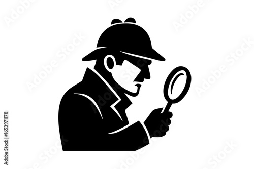 Silhouette of a Detective Holding a Magnifying Glass on Transparent Background