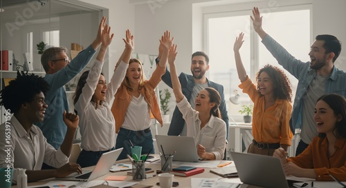 Successful Team High-Five Celebration in Bright Office Setting