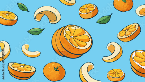 Illustration of oranges, orange slices, and orange peels on a light blue background with some leaves