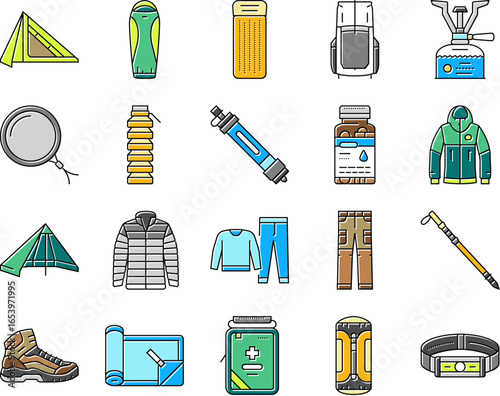lightweight backpacking icons set vector