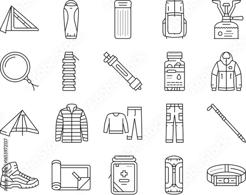 lightweight backpacking icons set vector