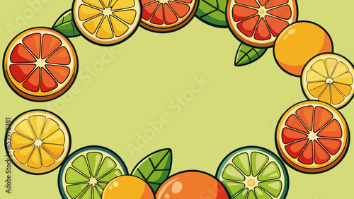 Circular arrangement of citrus fruit slices including oranges lemons limes and grapefruits on light green