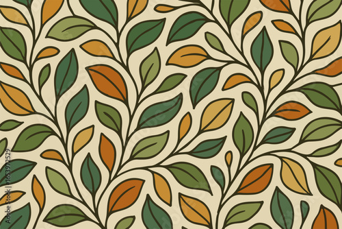 Seamless Leafy Pattern With Autumn Hues on Beige Background