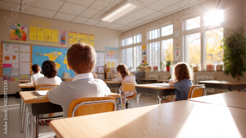 Pupils focused on classroom activities with sunlight illuminating learning environment. Bright walls adorned with educational materials and plants promoting a lively atmosphere