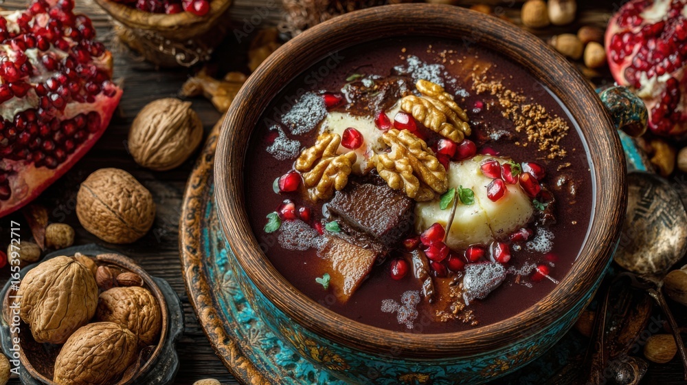 Fototapeta premium Fesenjan, a classic Iranian stew, features tender chicken or duck simmered in a rich, tangy-sweet pomegranate and walnut sauce, traditionally served with saffron rice.