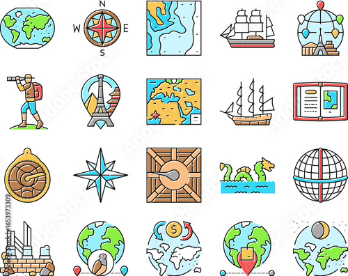 great geographical discoveries icons set vector
