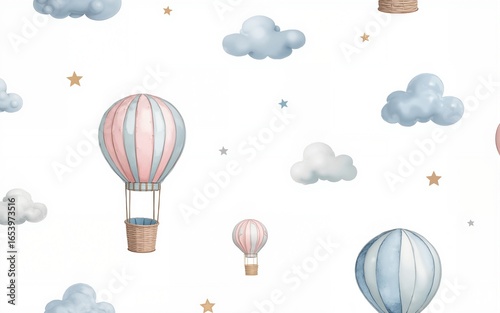 Baby Wallpaper with Hot Air Balloons and clouds. Hand drawn watercolor seamless Pattern for children. Illustration in delicate blue and pink Pastel colors. Background for boy or girl room design