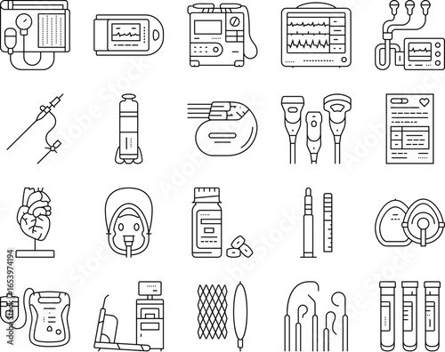 cardiology accessories ecg icons set vector