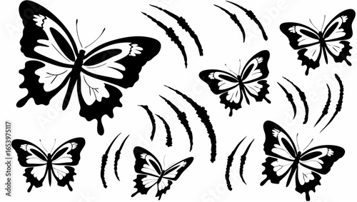 Illustration of several butterflies with detailed wings and claw mark designs in black and white tones silhouette