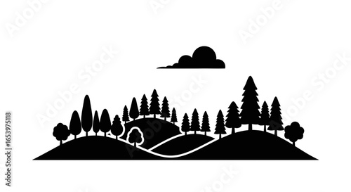Vector art of a black silhouette of a forest landscape with rolling hills and a cloud in the sky, isolated on a