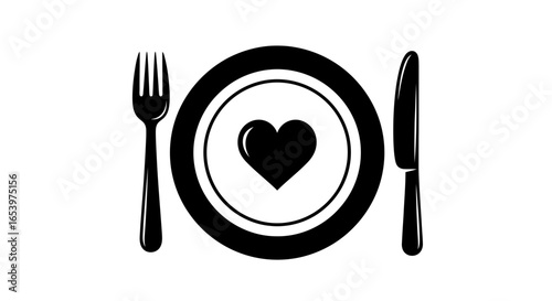 Vector art of black and white illustration of a plate with a heart symbol, accompanied by a fork and knife, isolated on a