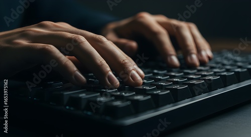 Close-up of a person's hands typing on a black computer keyboard in a dark setting, representing coding, hacking, or cybersecurity.