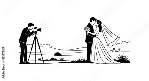 Vector art of a wedding photographer captures a romantic moment of a bride and groom kissing outdoors with a scenic landscape in the background