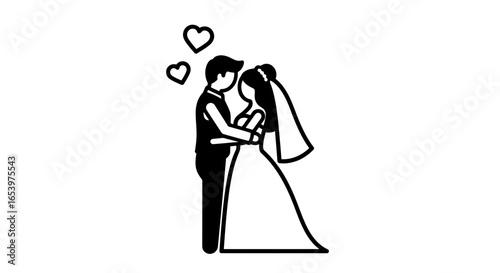 Vector art of simple black and white illustration of a bride and groom embracing, with hearts above them, isolated on a