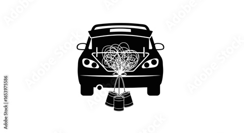 Vector art of rear view of a car trunk filled with a tangled mess of items, with three buckets below