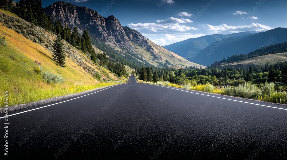 Fototapeta premium Long, empty road with a mountain range in the background. The road is wide and straight, with no cars or other vehicles in sight. The scene is peaceful and serene