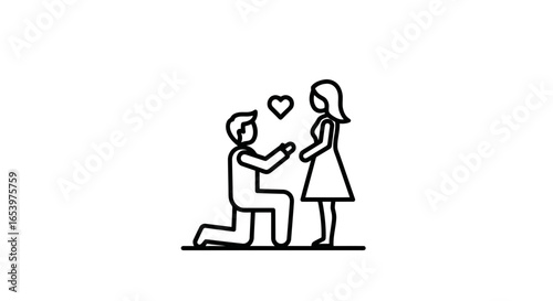 Vector art of man kneeling and proposing to woman with heart symbol above