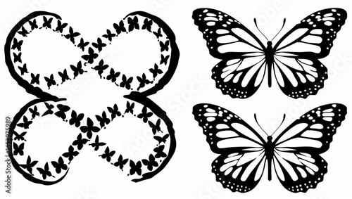 Two infinity symbols made of butterflies and two monarch butterflies in black and white design style silhouette