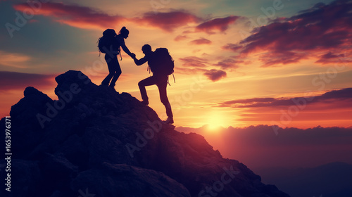 Two climbers helping each other reach the mountain peak, watching the sunset together, breathtaking scenic view, warm golden light, atmosphere of achievement and reaching the goal.
