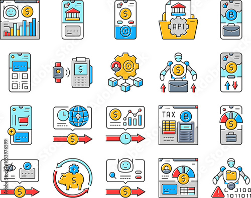 fintech blockchain payments icons set vector