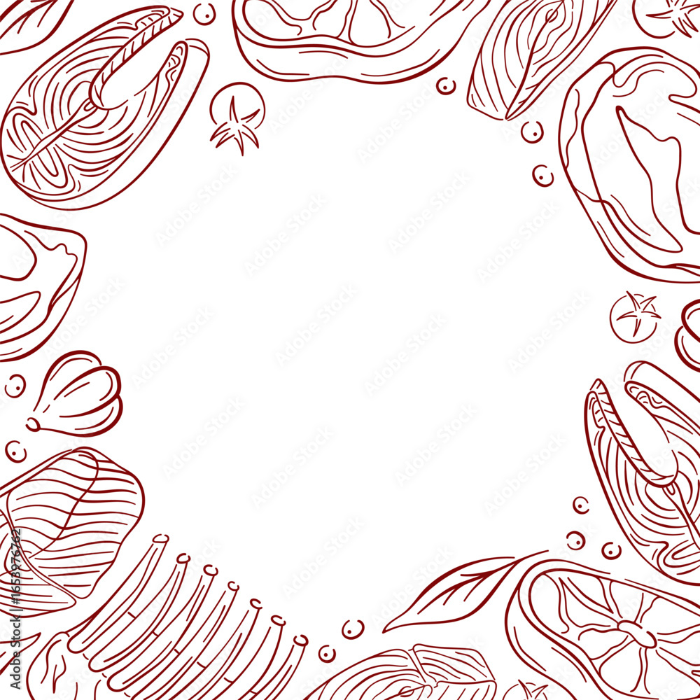 Obraz premium Frame design with line art style raw meat, salmon, garlic, tomato, pepper and herbs on white background. Perfect for restaurant card and food packaging design.