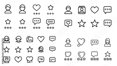 Minimalist line icons set showing user profile, heart, chat, and star rating symbols. Perfect for review app, feedback interface, social media, or customer satisfaction design.