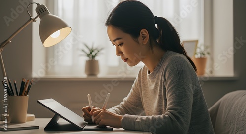 Creative young Asian woman, a freelance artist, drawing on a digital tablet with a stylus under a warm desk lamp at home in the evening.
