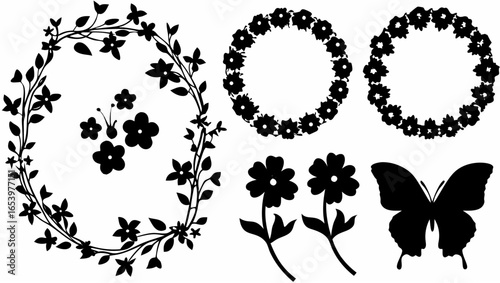 Silhouette of floral wreath, flower arrangements, and butterfly, creating a nature inspired design element