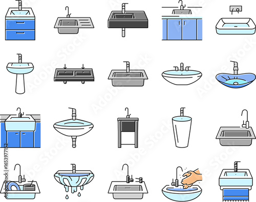 sink porcelain drain faucet icons set vector