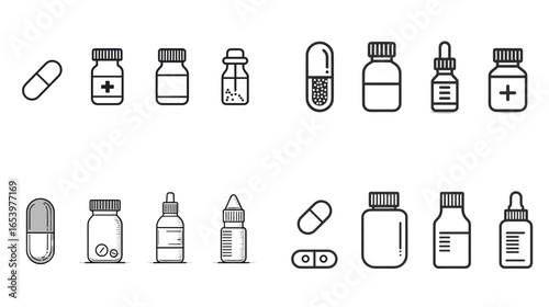 Collection of medical and pharmacy icons showing pills, capsules, droppers, and medicine bottles. Clean outline style for healthcare, pharmaceutical, or clinical illustration designs.