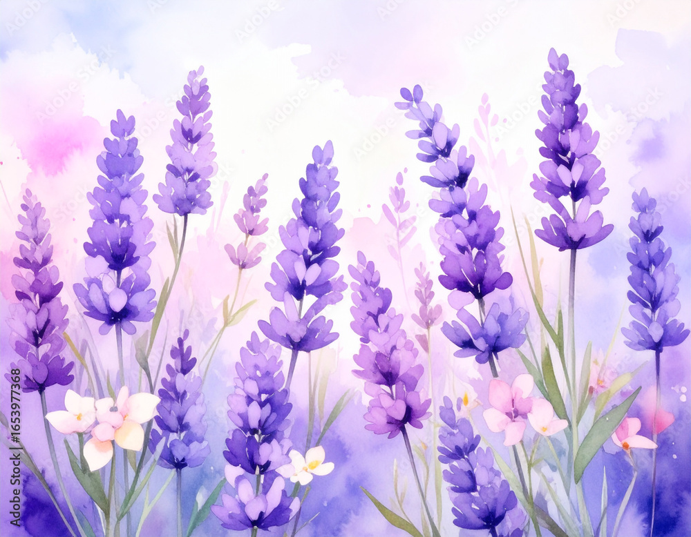 Obraz premium beautiful watercolor painting features blooming lavender sprigs in various shades of purple, with delicate green stems and leaves, set against a soft wash of pastel pink and light blue, creating