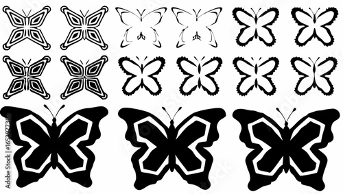 Collection of butterflies in varying styles and levels of detail arranged in three rows on white background silhouette