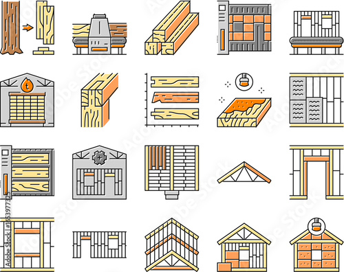 wood frame house construction icons set vector