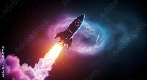 Rocket launching into space with a trail of fire and smoke against a colorful nebula background